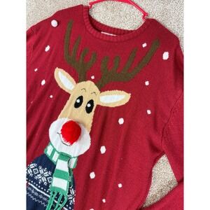 Daisys Boutique Red Reindeer Ugly Christmas Sweater‎ XXL Pom Holiday Nordic 2XL